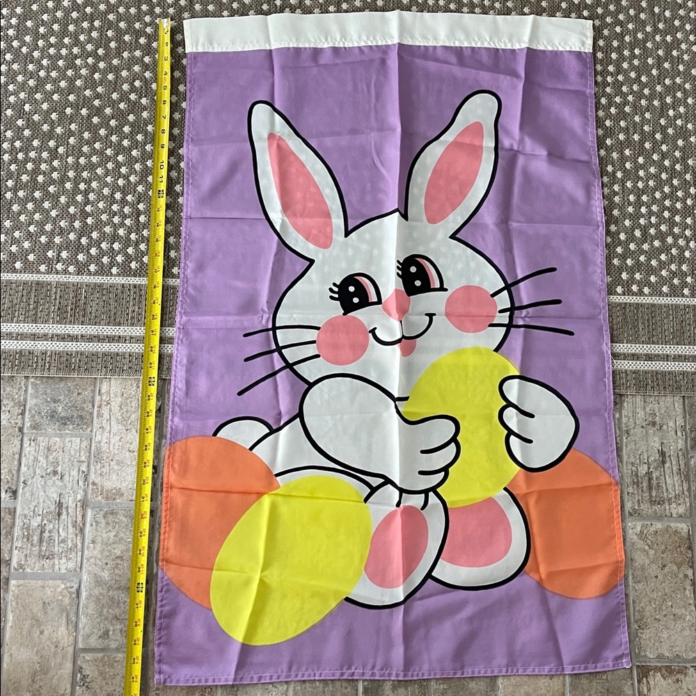 Cute Bunny Flag with Easter Eggs. Stenciled image. Hanging wall art flag